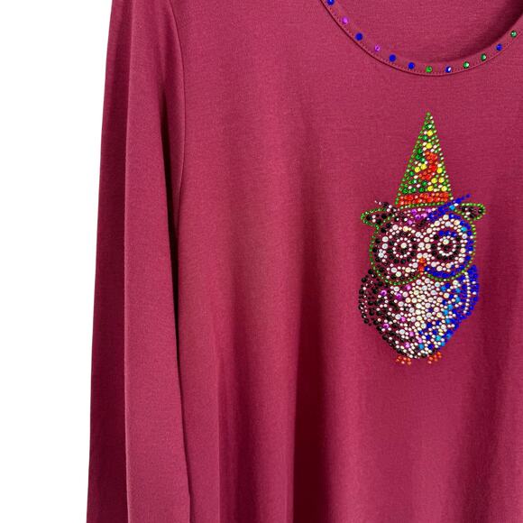 Quacker Factory Sz XL Maroon Halloween Witch Owl Wearable Art Blouse Shirt Top - Picture 4 of 8